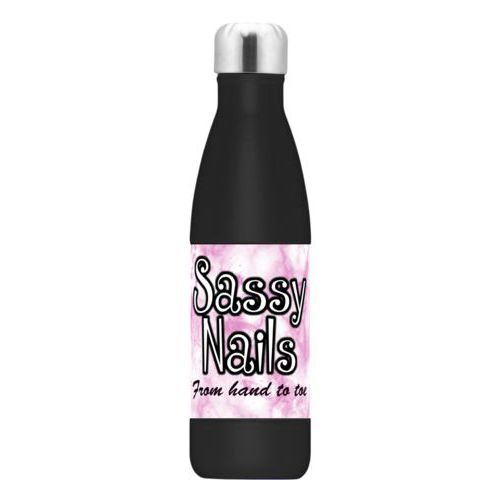 Steel bottle personalized with pink marble pattern and the sayings "Sassy Nails" and "From hand to toe"
