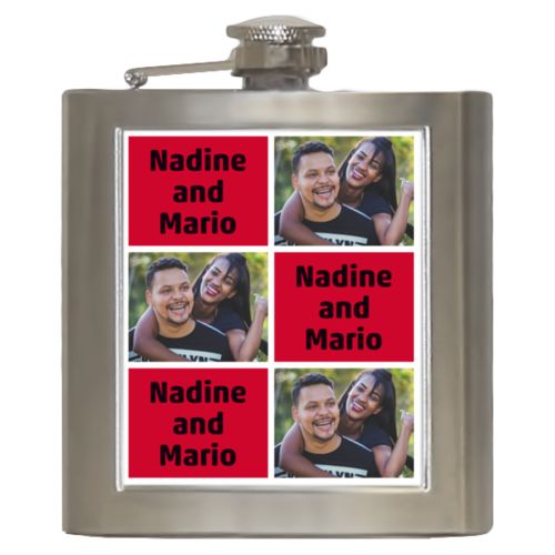 Personalized 6oz flask personalized with a photo and the saying "Nadine and Mario" in black and apple red