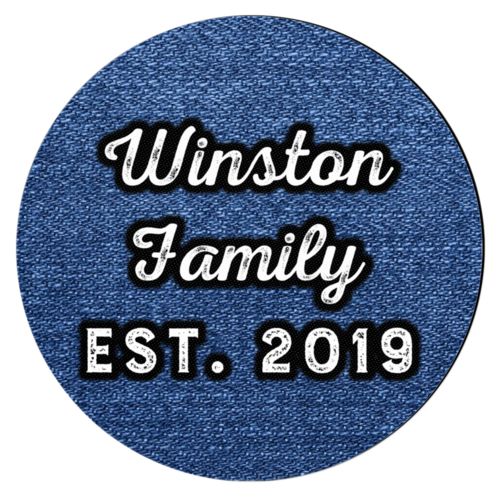 Personalized coaster personalized with denim industrial pattern and the saying "Winston Family Est. 2019"