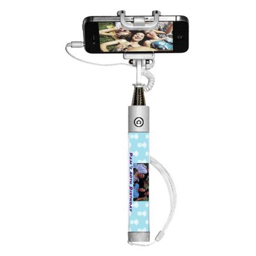 Personalized selfie stick personalized with welcome pattern and photo and the saying "Pam's 40th Birthday Girls Trip"