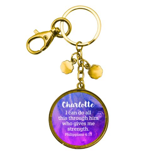 Personalized metal keychain personalized with ombre amethyst pattern and the saying "Charlotte I can do all this through him who gives me strength. Philippians 4:13"