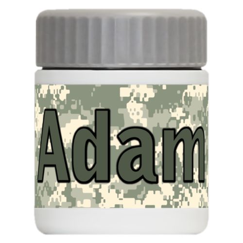 Personalized 12oz food jar personalized with army camo pattern and the saying "Adam"