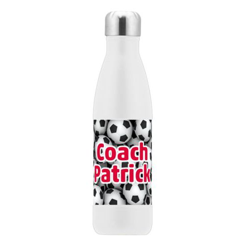 Insulated water bottle personalized with soccer balls pattern and the saying "Coach Patrick"