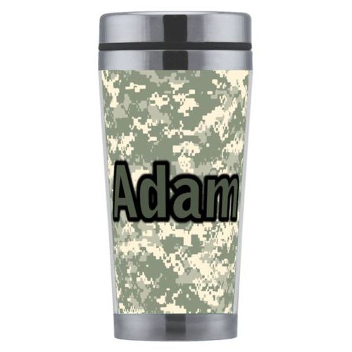 Personalized coffee mug personalized with army camo pattern and the saying "Adam"