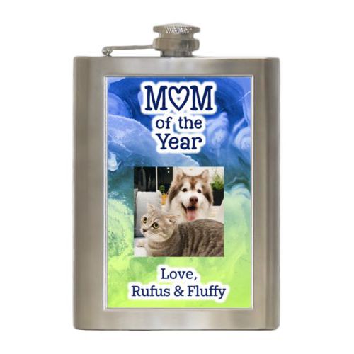 Personalized 8oz flask personalized with ombre quartz pattern and photo and the sayings "Mom of the Year" and "Love, Rufus & Fluffy"