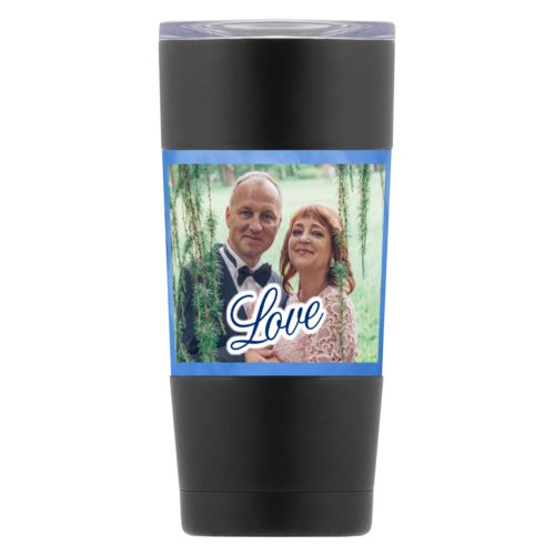 Personalized insulated steel mug personalized with blue cloud pattern and photo and the saying "love"