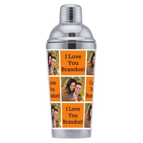 Coctail shaker personalized with a photo and the saying "I Love You Brandon!" in black and juicy orange