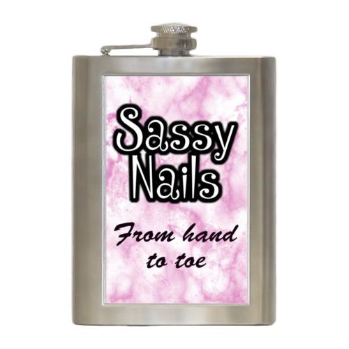 Personalized 8oz flask personalized with pink marble pattern and the sayings "Sassy Nails" and "From hand to toe"