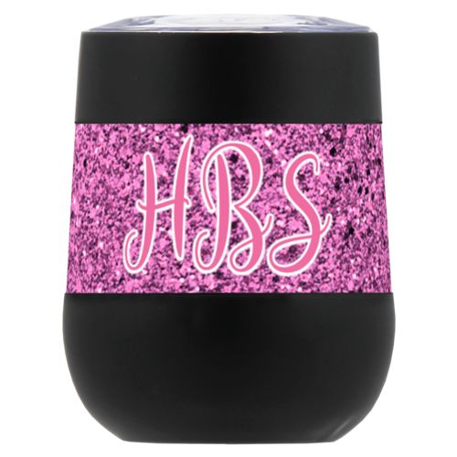 Personalized insulated wine tumbler personalized with light pink glitter pattern and the saying "HBS"