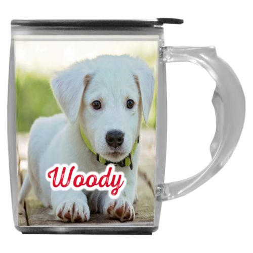 Custom mug with handle personalized with photo and the saying "Woody"