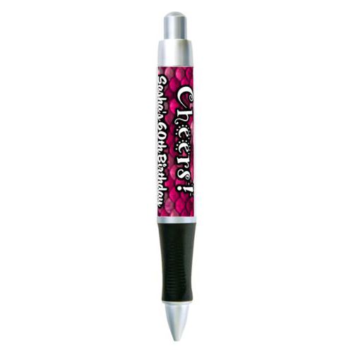 Personalized pen personalized with pink mermaid pattern and the saying "Cheers! Sasha's 60th Birthday"