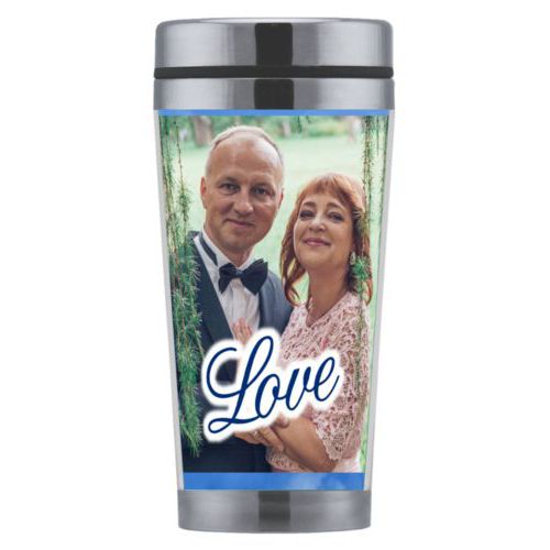 Personalized coffee mug personalized with blue cloud pattern and photo and the saying "love"