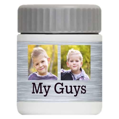 Personalized 12oz food jar personalized with steel industrial pattern and photo and the saying "My Guys"