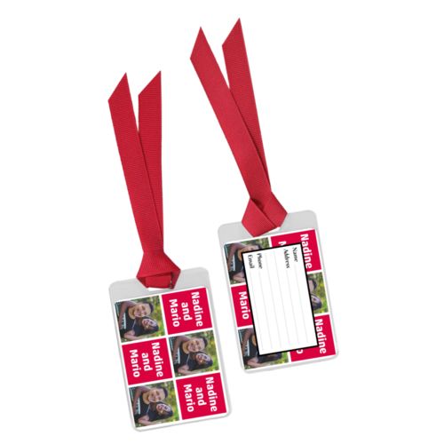 Personalized bag tag personalized with a photo and the saying "Nadine and Mario" in black and apple red
