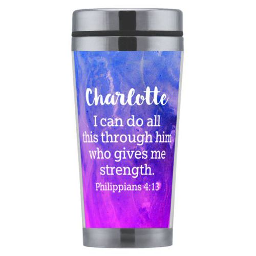 Personalized coffee mug personalized with ombre amethyst pattern and the saying "Charlotte I can do all this through him who gives me strength. Philippians 4:13"