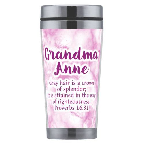 Personalized coffee mug personalized with pink marble pattern and the saying "Grandma Anne Gray hair is a crown of splendor; It is attained in the way of righteousness. Proverbs 16:31"