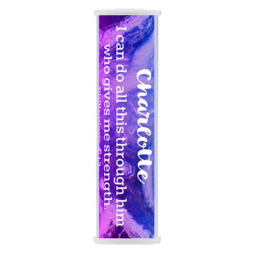 Personalized backup phone charger personalized with ombre amethyst pattern and the saying "Charlotte I can do all this through him who gives me strength. Philippians 4:13"
