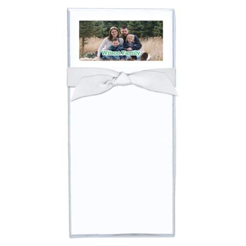 Personalized note sheets personalized with photo and the saying "Wilson Family"