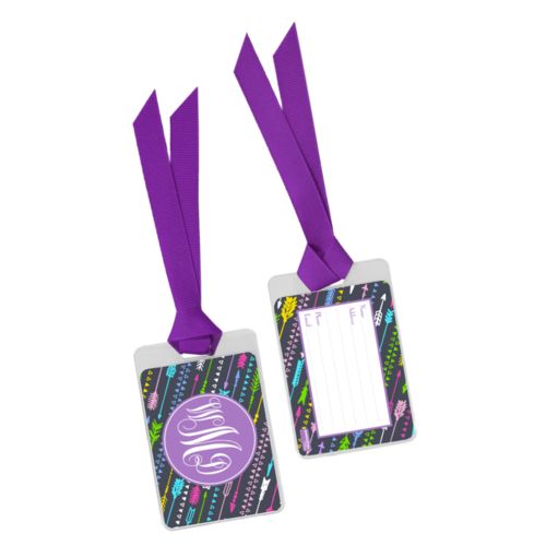 Personalized bag tag personalized with arrows pattern and monogram in purple powder