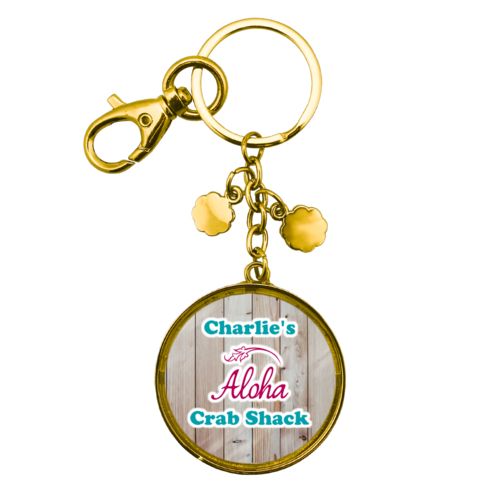 Personalized keychain personalized with light wood pattern and the sayings "Aloha" and "Charlie's Crab Shack"
