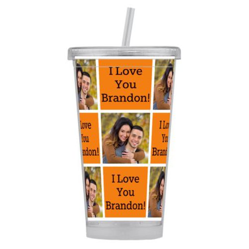 Personalized tumbler personalized with a photo and the saying "I Love You Brandon!" in black and juicy orange