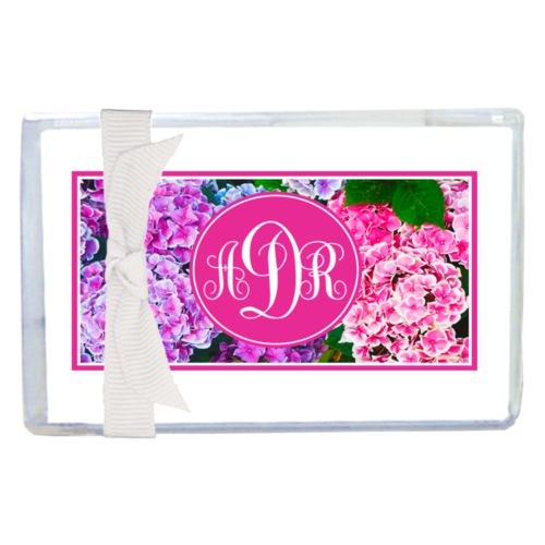 Personalized enclosure cards personalized with hydrangea pattern and monogram in pink