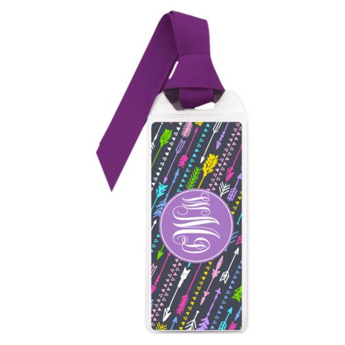 Personalized book mark personalized with arrows pattern and monogram in purple powder