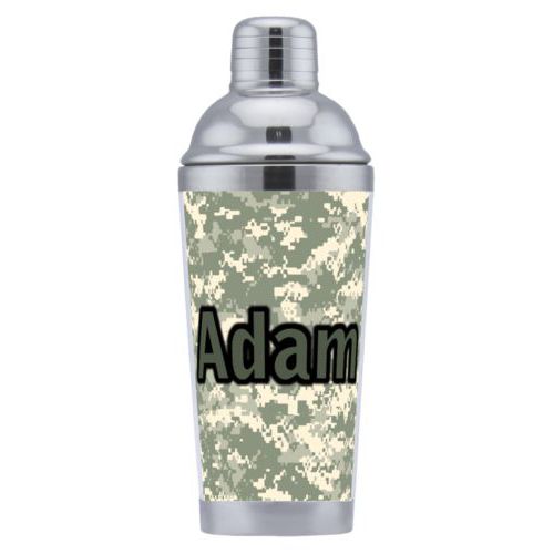 Coctail shaker personalized with army camo pattern and the saying "Adam"
