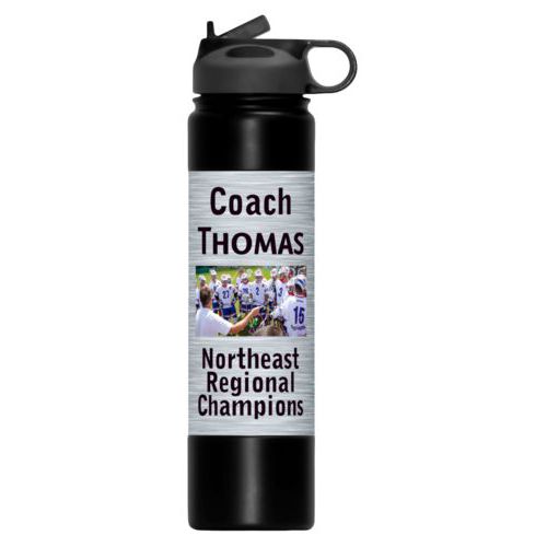 Double insulated water bottle personalized with steel industrial pattern and photo and the sayings "Coach Thomas" and "Northeast Regional Champions"