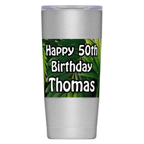 Personalized insulated steel mug personalized with plants fern pattern and the saying "Happy 50th Birthday Thomas"