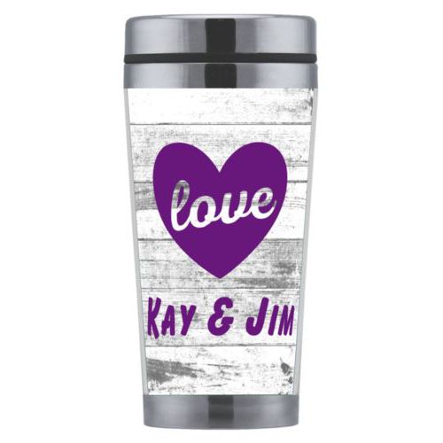 Personalized coffee mug personalized with white rustic pattern and the sayings "love" and "Kay & Jim"