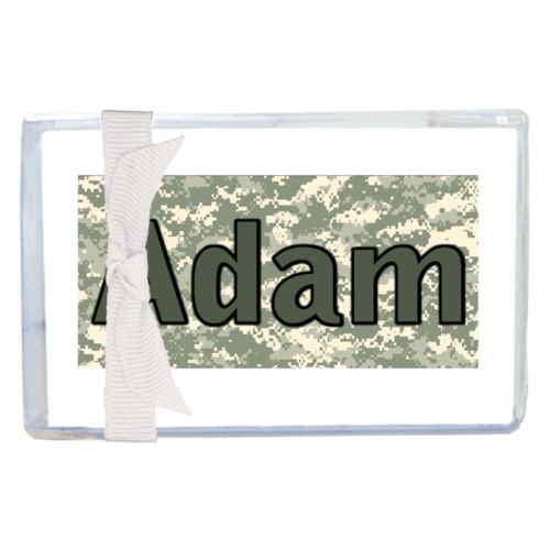 Personalized enclosure cards personalized with army camo pattern and the saying "Adam"