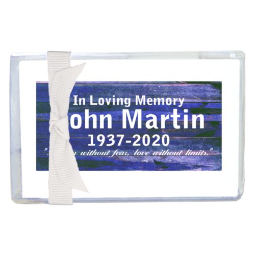 Personalized enclosure cards personalized with royal rustic pattern and the saying "In Loving Memory John Martin 1937-2020 "Dream without fear, love without limits.""