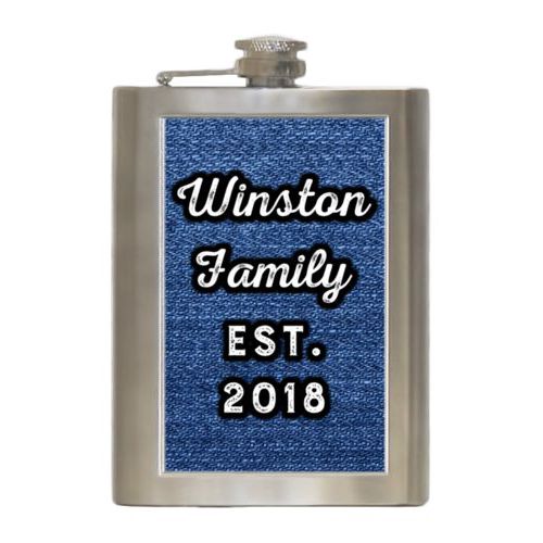 Personalized 8oz flask personalized with denim industrial pattern and the saying "Winston Family Est. 2018"