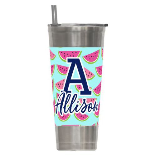 Personalized insulated steel tumbler personalized with fruit watermelon pattern and the sayings "A" and "Allison"