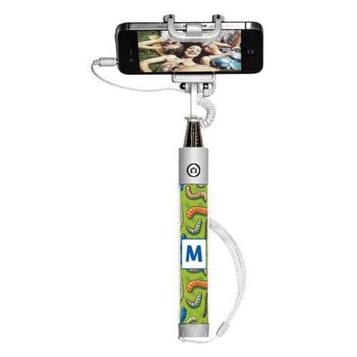 Personalized selfie stick personalized with worms pattern and initial in cosmic blue