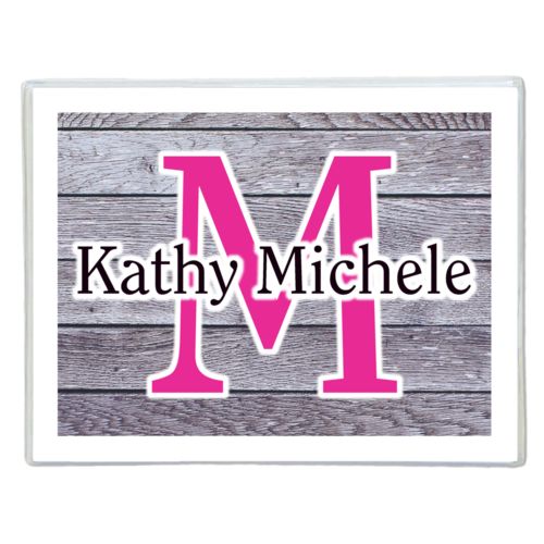 Personalized note cards personalized with grey wood pattern and the sayings "M" and "Kathy Michele"