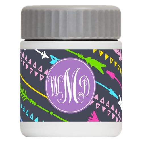 Personalized 12oz food jar personalized with arrows pattern and monogram in purple powder