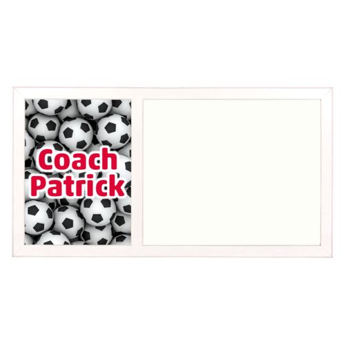 Personalized white board personalized with soccer balls pattern and the saying "Coach Patrick"