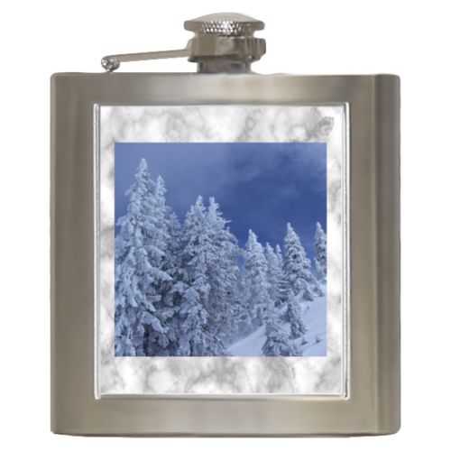 Personalized 6oz flask personalized with grey marble pattern and photo