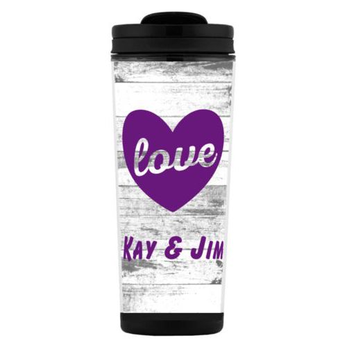 Custom tall coffee mug personalized with white rustic pattern and the sayings "love" and "Kay & Jim"