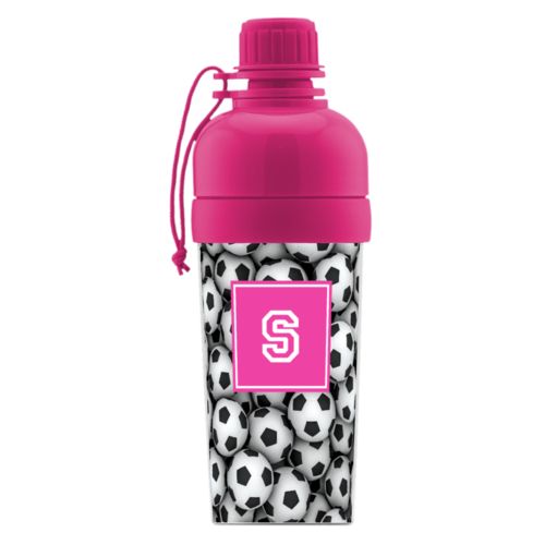 Kids water bottle personalized with soccer balls pattern and initial in royal blue
