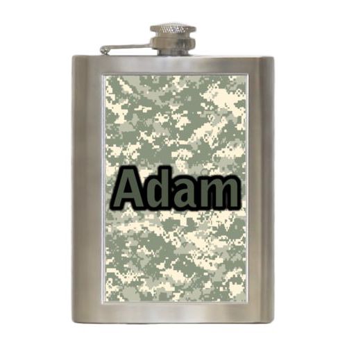 Personalized 8oz flask personalized with army camo pattern and the saying "Adam"