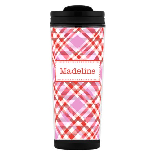 Custom tall coffee mug personalized with tartan pattern and name in red punch and thistle