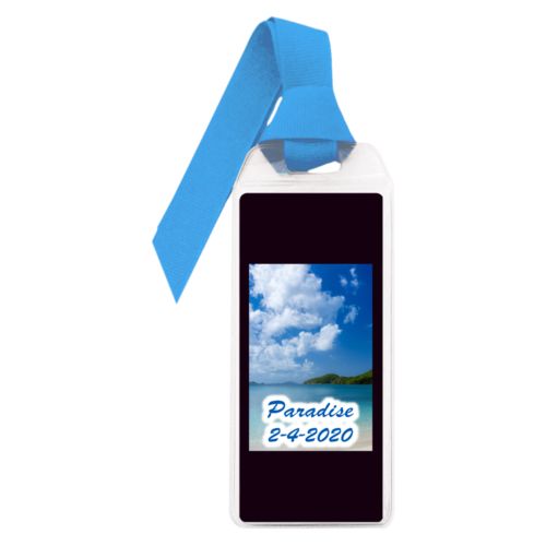 Personalized book mark personalized with photo and the saying "Paradise 2-4-2020"