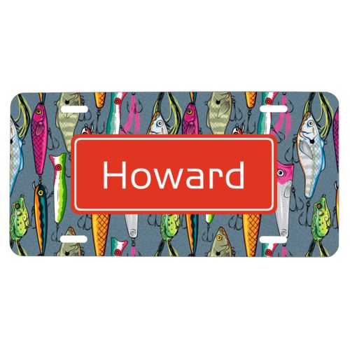 Custom car plate personalized with fishing lures pattern and name in strong red