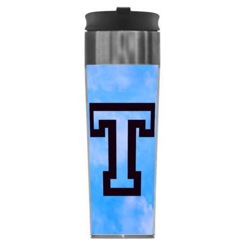Personalized steel mug personalized with light blue cloud pattern and the saying "T"