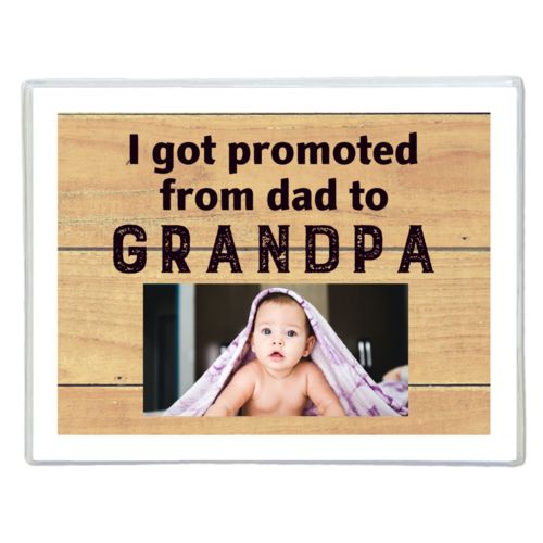 Personalized note cards personalized with natural wood pattern and photo and the saying "I got promoted from dad to grandpa"