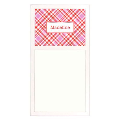 Personalized white board personalized with tartan pattern and name in red punch and thistle