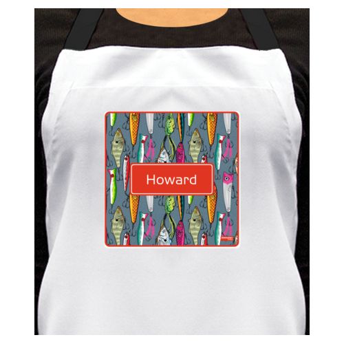 Personalized apron personalized with fishing lures pattern and name in strong red